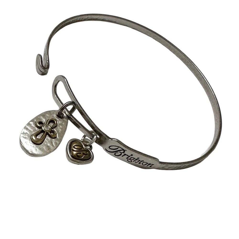 BRIGHTON FAITH HOPE LOVE Bling Silvertone Heart Charm Bangle Hook Bracelet